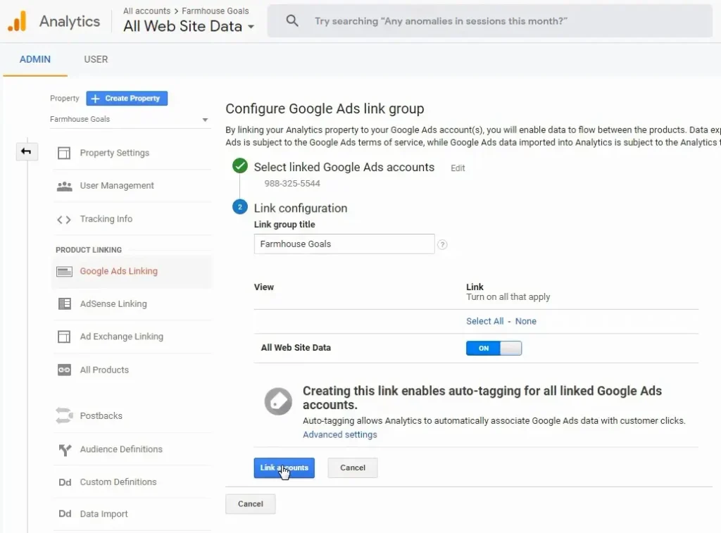 google analytics account linked with google ads